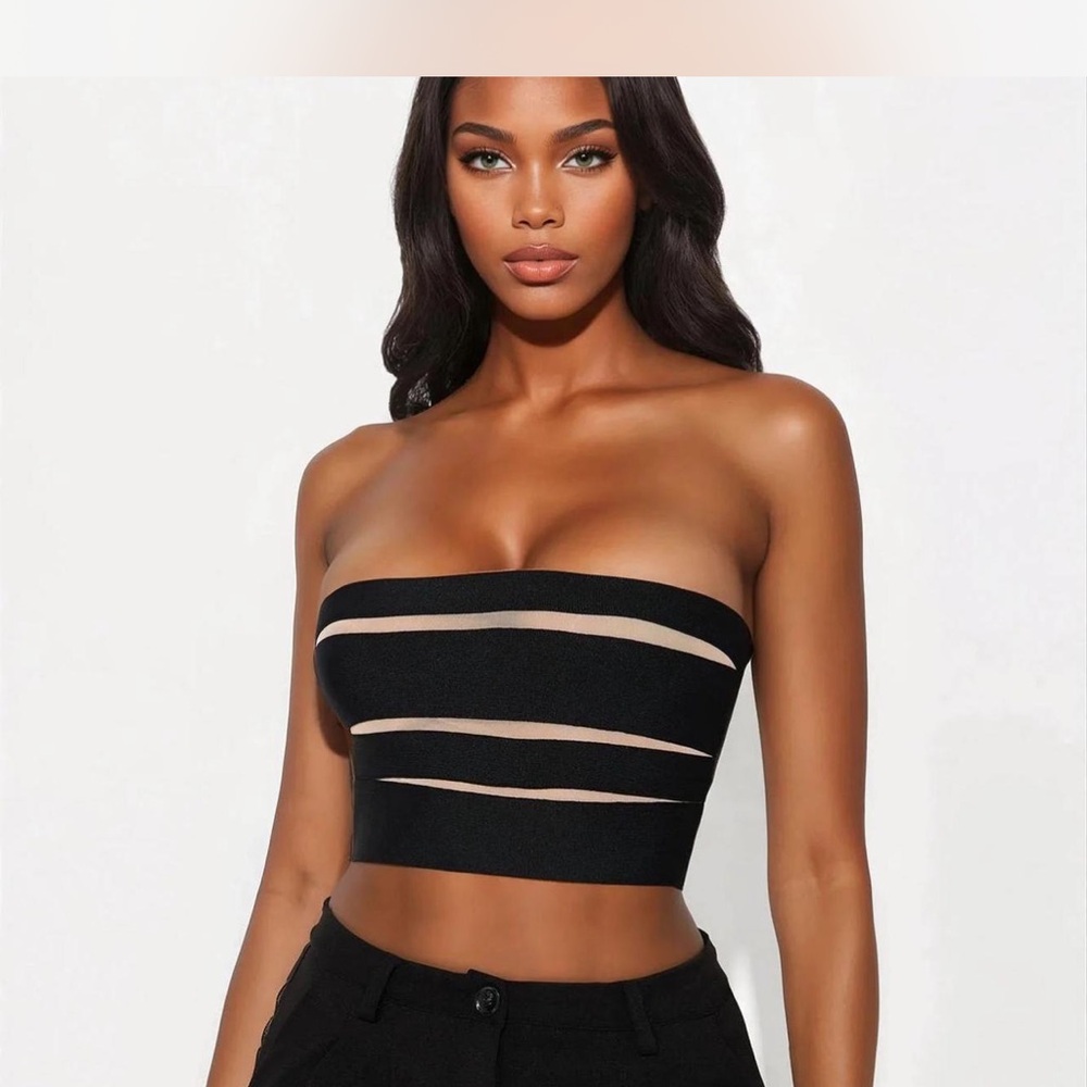 Fashion Nova Black Strapless Sheer-Stripe Tube Crop Top